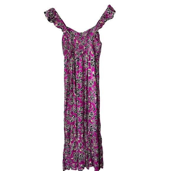 LOFT Dress Maxi BabyDoll Magenta Black Gold Floral Viscose Cottagecore Summer 8 - Picture 6 of 8